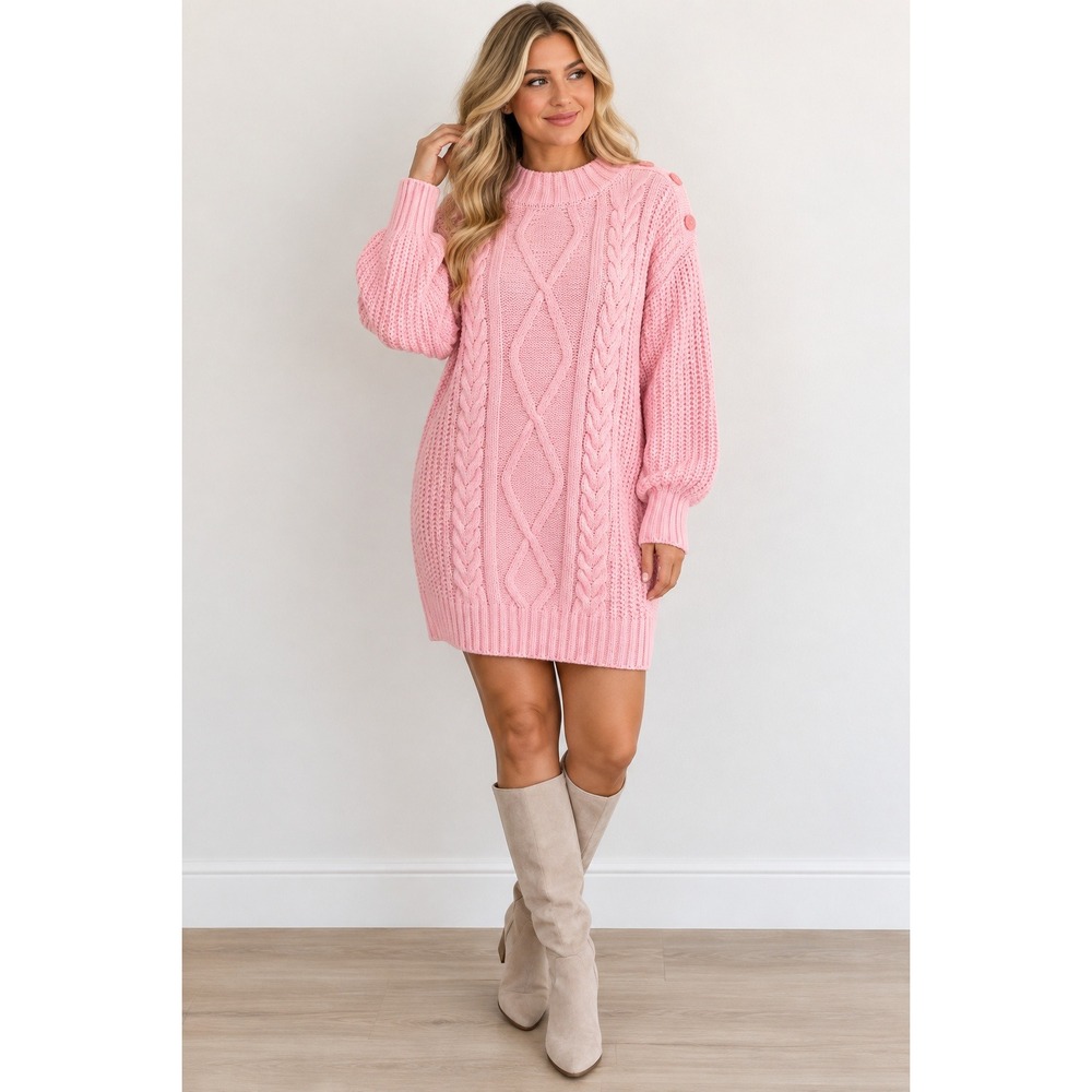 Coquette Sweater Dress Women Medium Pink Barbiecore Cable Knit Shoulder Button